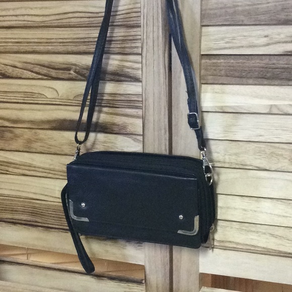 BLACK LEATHER Double Zip Ring Crossbody Wallet On A String NWOT - Picture 4 of 10